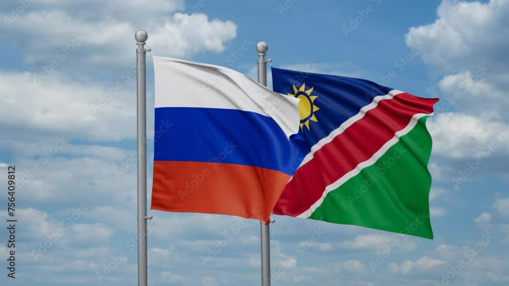Russia and Namibia two flags waving together, looped video, two country relations concept Russia and Namibia two flags waving together, looped video, two country relations concept