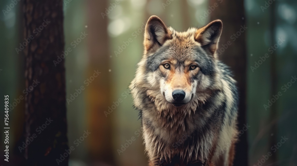 close up photo wolf with forest background