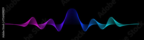 Abstract wave lines dynamic flowing neural network purple blue light Isolated on black background. Vector design element for technology, science, music modern concept.