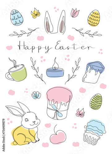 Easter Set in continuous one line style with design elements like bunny, eggs, dove, candle, cross, Easter cake, mug, flowers. Vector. Clipart. Easter card with Happy Easter greeting. Print
