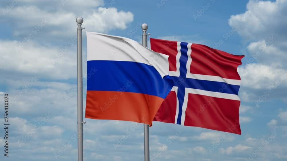 Norway and Russia two flags waving together, looped video, two country relations concept Norway and Russia two flags waving together, looped video, two country relations concept
