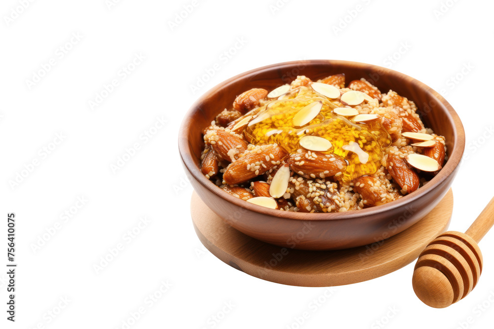 Grilled millet with salt and chia seeds in a white ceramic bowl Place on a wooden cutting board Drizzle with honey and sprinkle with sliced almonds. Isolated on transparent background. Grilled millet with salt and chia seeds in a white ceramic bowl Place on a wooden cutting board Drizzle with honey and sprinkle with sliced almonds. Isolated on transparent background.