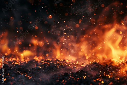 Perfect fire particles embers on background . Smoke fog misty texture overlays photo