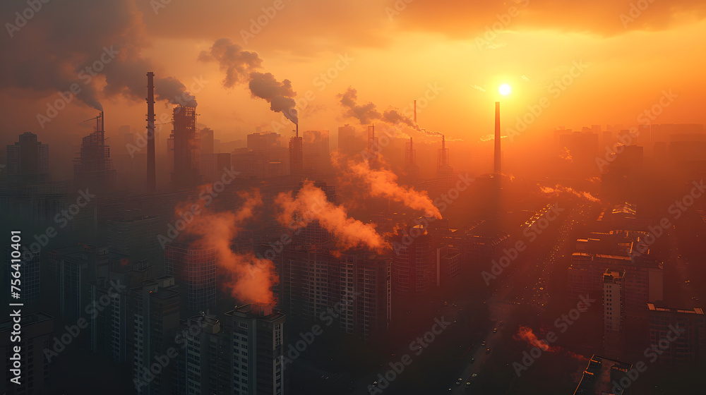 city skyline shrouded in dense smog or haze at sunset elevated view - obrazy, fototapety, plakaty 