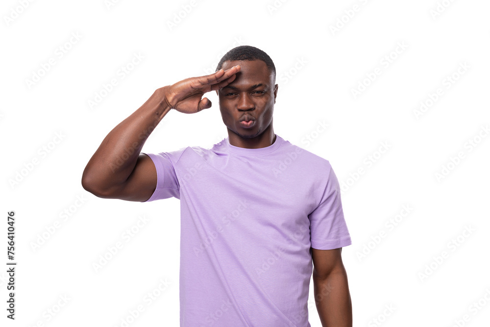 young charismatic 30 year old american man dressed in corporate lilac cotton t-shirt with print mockup young charismatic 30 year old american man dressed in corporate lilac cotton t-shirt with print mockup