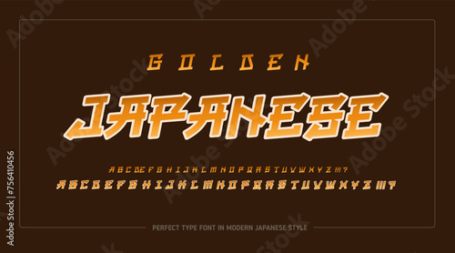 Golden Japanese style vector type font (vector template). Perfect Asian Typography japan or chinesse style font. English Japanese letters for logo and sign design