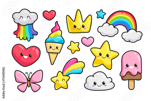 Cute Kawaii pattern elements collection of funny unicorn ice cream, rainbow, cloud, happy star, heart, cartoon crown emoti. Kawaii Baby stickers ( Doodle vector template )