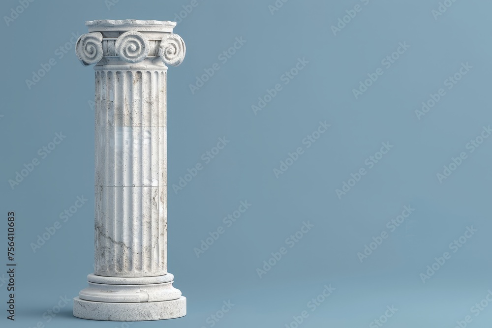 Pillar column ancient greek white color stone marble, ionic style pedestal, against blue background, copy space. Law, architecture theme template. 3d illustration