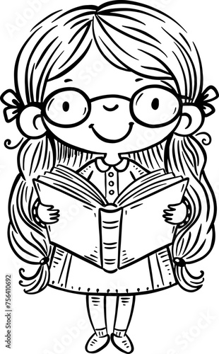 Smiling cartoon little girl with glasses standing and reading a book. Isolated line art vector illustration. Coloring book page for children