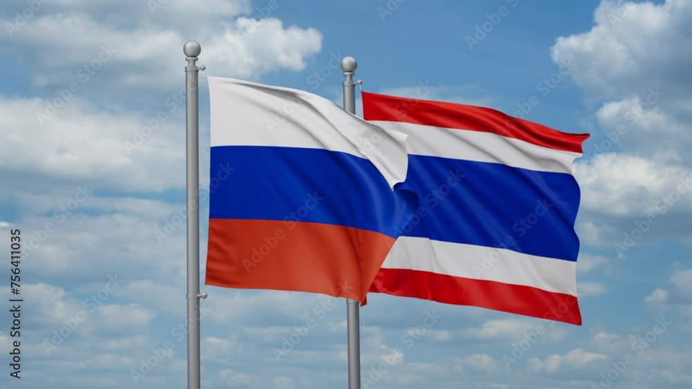 Kingdom of Thailand and Russia two flags waving together, looped video, two country cooperation concept Kingdom of Thailand and Russia two flags waving together, looped video, two country cooperation concept