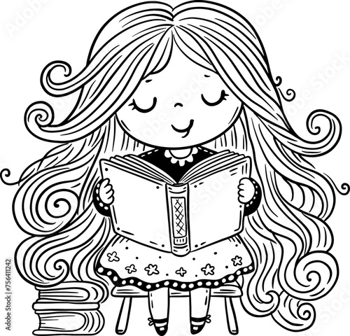 Cute cartoon school girl sitting and reading a book. Isolated outline vector illustration. Coloring book page for children