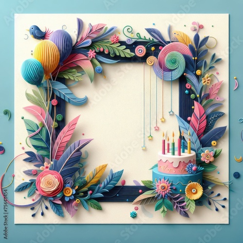 Colorful birthday photo frame based on cake, flowers, balloons, leaf
