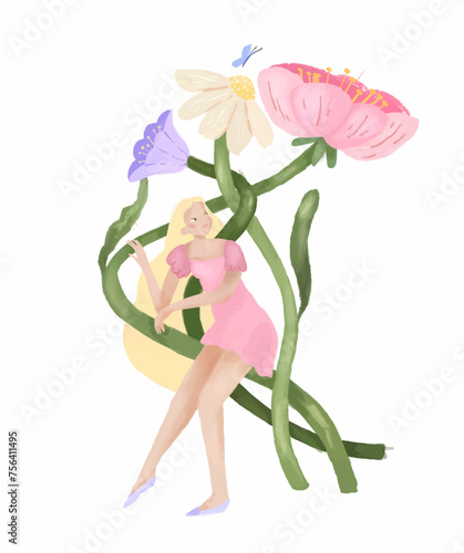 Girl with giant flowers, vector. Beautiful watercolor illustration. Printable greeting card, banner, poster, invitation © maria