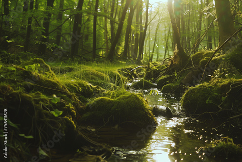 forest is green with moss growing in it