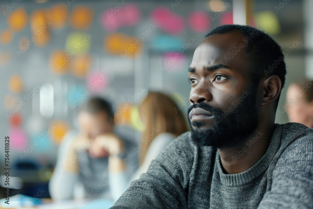 Portrait of a man in a brainstorming session. A slide background for showcasing the brainstorming process. Created with Generative AI technology. Portrait of a man in a brainstorming session. A slide background for showcasing the brainstorming process. Created with Generative AI technology.