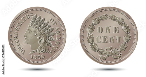 Vector American money, one cent coin, 1859.  Vector illustration.