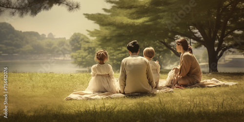 Back view of a serene family sitting by the lake in a park, enjoying a peaceful moment surrounded by nature. 