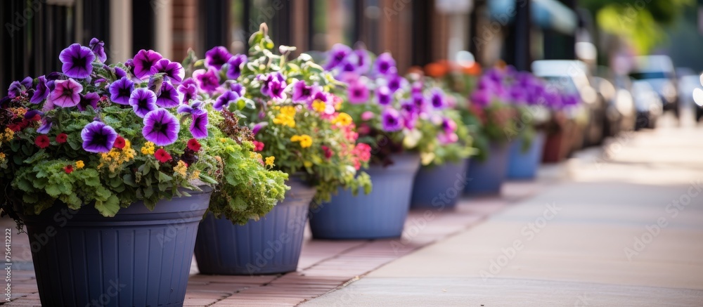 A row of potted plants with purple flowerpots lining the sidewalk in front of the building, showcasing vibrant violet flowers and lush groundcover shrubs