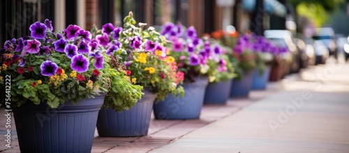 Wallpaper Mural A row of potted plants with purple flowerpots lining the sidewalk in front of the building, showcasing vibrant violet flowers and lush groundcover shrubs Torontodigital.ca