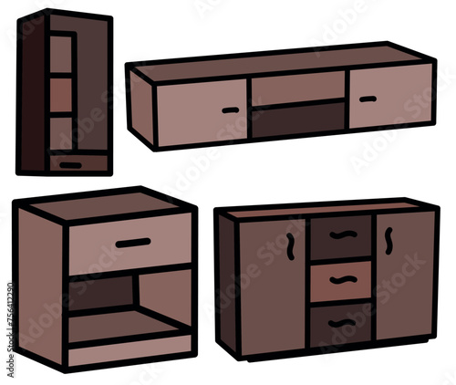 PrintSimple handdrawn vector illustrations set: furniture icons - table, desk and wardrobe collection