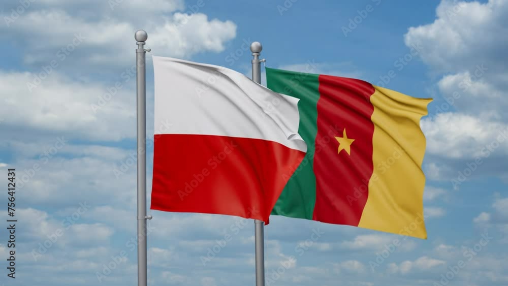 Cameroon and Poland two flags waving together, looped video, two country relations concept Cameroon and Poland two flags waving together, looped video, two country relations concept