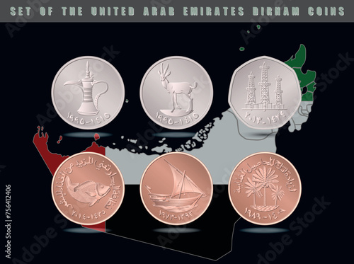 Set of coins of the United Arab Emirates on the background of the UAE map. Dirham coins. Vector illustration.