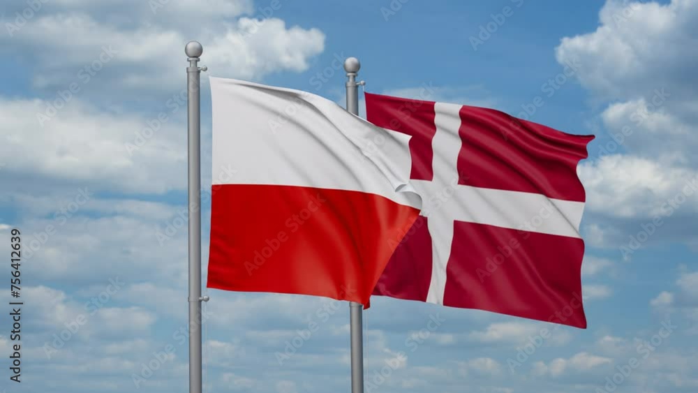 Denmark and Poland two flags waving together, looped video, two country relations concept Denmark and Poland two flags waving together, looped video, two country relations concept