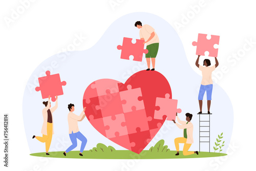 Charity project, international donation service and organization Tiny people hold puzzle pieces to fit inside heart, cooperation of volunteers giving love and money gift cartoon vector illustration