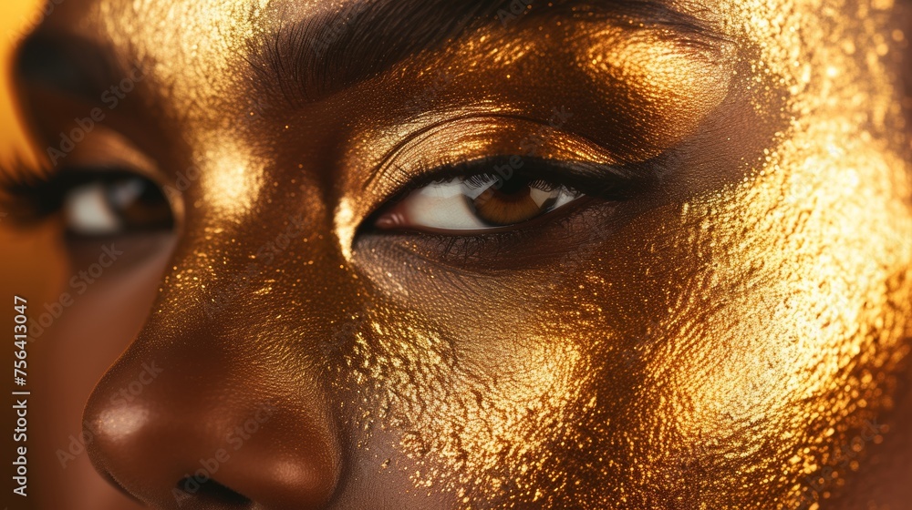Close-up of a Womans Golden Painted Face Highlighting the Eye Close-up of a Womans Golden Painted Face Highlighting the Eye