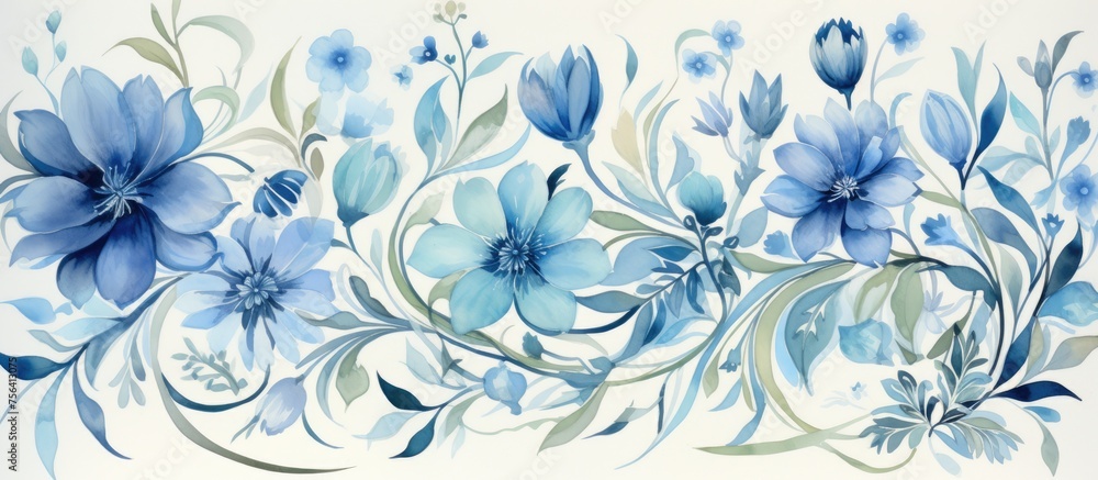 of an elegant floral pattern in blue, green, and grey colors.
