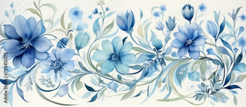 of an elegant floral pattern in blue  green  and grey colors.