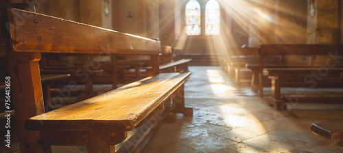 benches in the church, sun rays photo