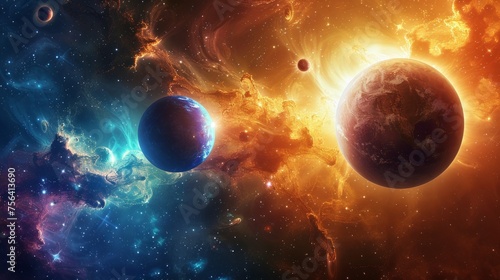 Magical space scene with three planets orbiting a radiant sun.