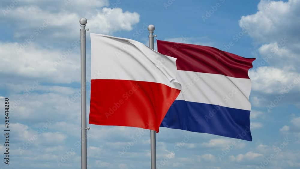 Netherlands and Poland two flags waving together, looped video, two country relations concept Netherlands and Poland two flags waving together, looped video, two country relations concept