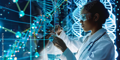 Futuristic depiction of a scientist with digital genetic data and molecular structures projected in a high-tech lab