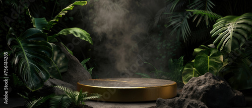  Stone platform, podium with gold, steam or smoke, on dark jungle tropical leaves background. Layout, display for product presentation. Lights, shadows effect. Generative AI