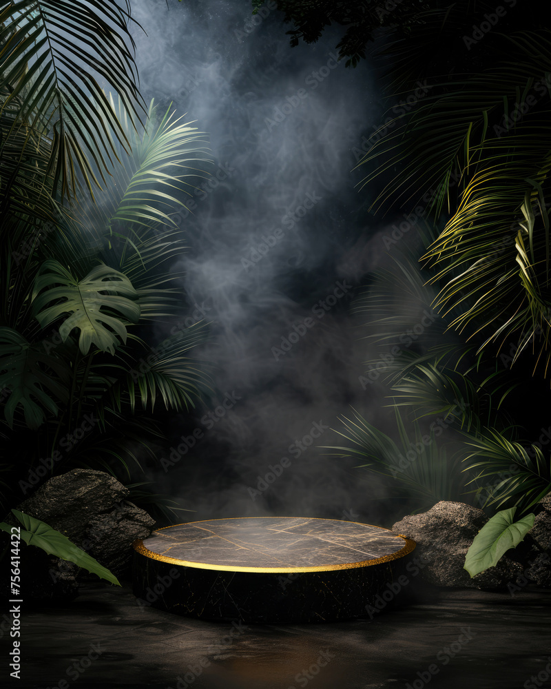 Stone platform, podium with gold, steam or smoke, on dark jungle tropical leaves background. Layout, display for product presentation.Lights effect. Vertical wallpaper for social media. Generative ai Stone platform, podium with gold, steam or smoke, on dark jungle tropical leaves background. Layout, display for product presentation.Lights effect. Vertical wallpaper for social media. Generative ai