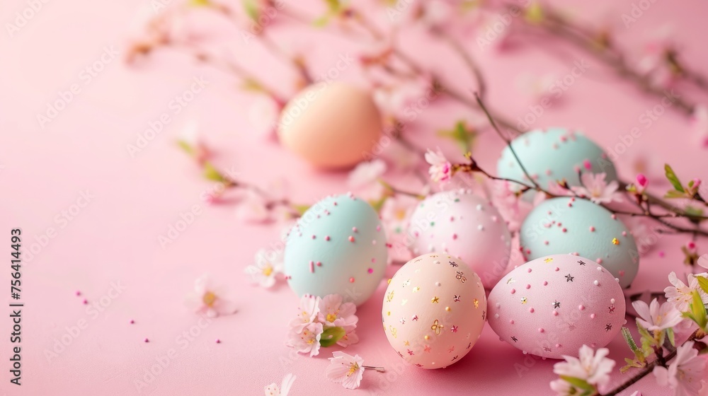 A bunch of eggs with pink and blue shells are on a pink background