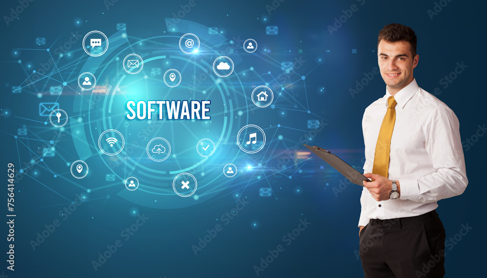Businessman thinking about modern technology Businessman thinking about modern technology