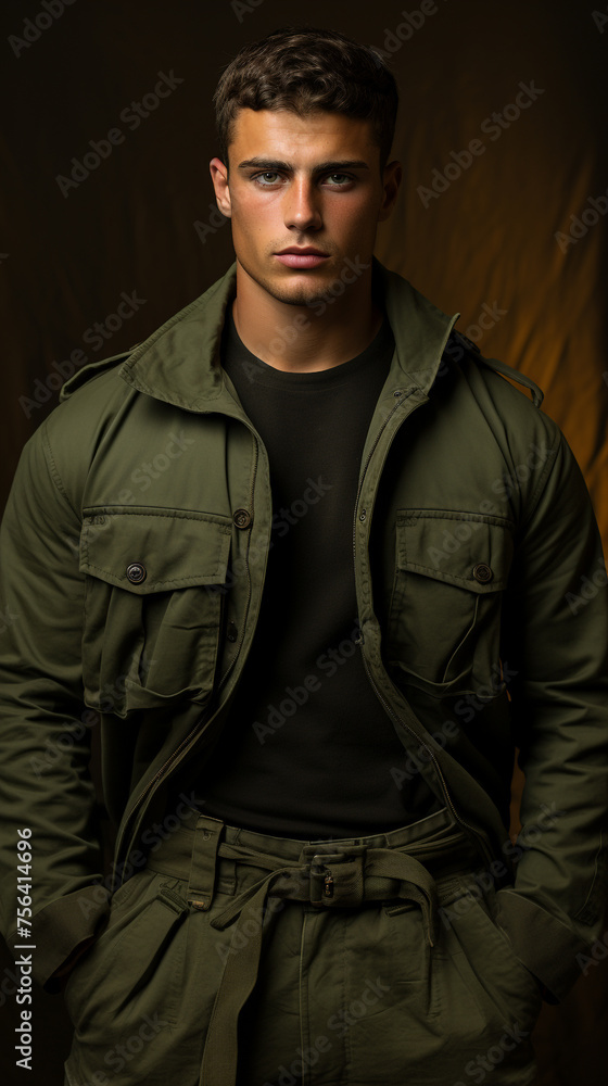 Obraz premium Male model in military-inspired attire against an olive-green background.