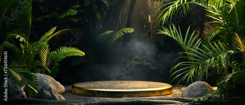 Stone platform, podium with gold on dark jungle tropical leaves background. Layout, display for product presentation. Lights, shadows effect. Generative AI