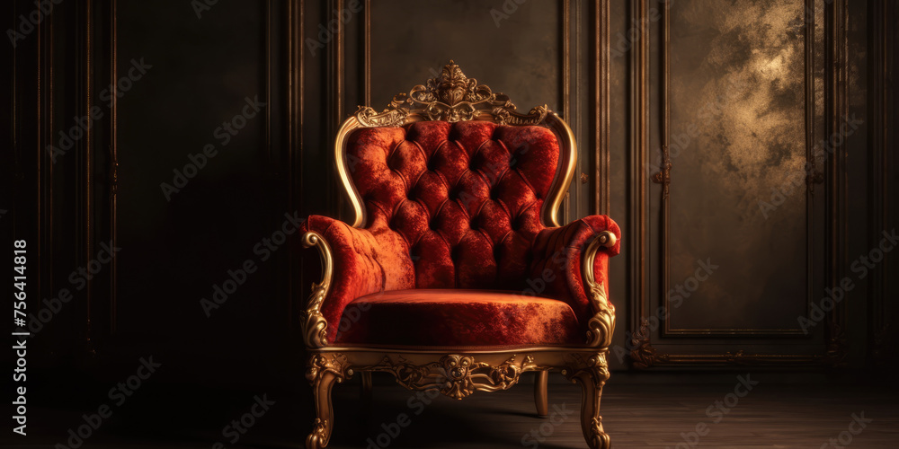Red Velvet and Gold Armchair in Black Interior in Classic Style. Luxury Red and Golden Chair in Royal style in Dark Room, copy space Red Velvet and Gold Armchair in Black Interior in Classic Style. Luxury Red and Golden Chair in Royal style in Dark Room, copy space