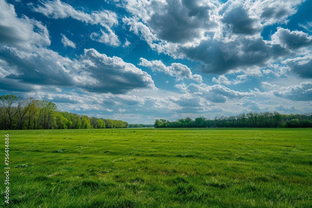 Springtime Cloudscape over Lush Green Field in Rural