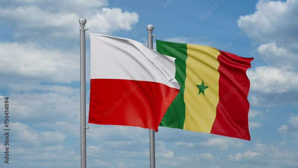 Republic of Senegal and Poland two flags waving together, looped video, two country cooperation concept Republic of Senegal and Poland two flags waving together, looped video, two country cooperation concept