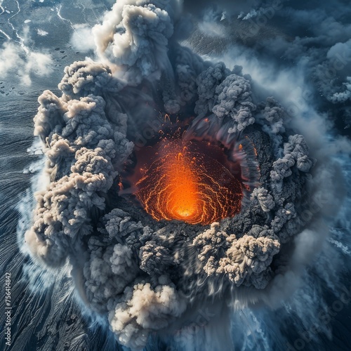 Overhead view of a dramatic volcanic eruption, capturing the explosive dance of ash and molten lava. generative with AI