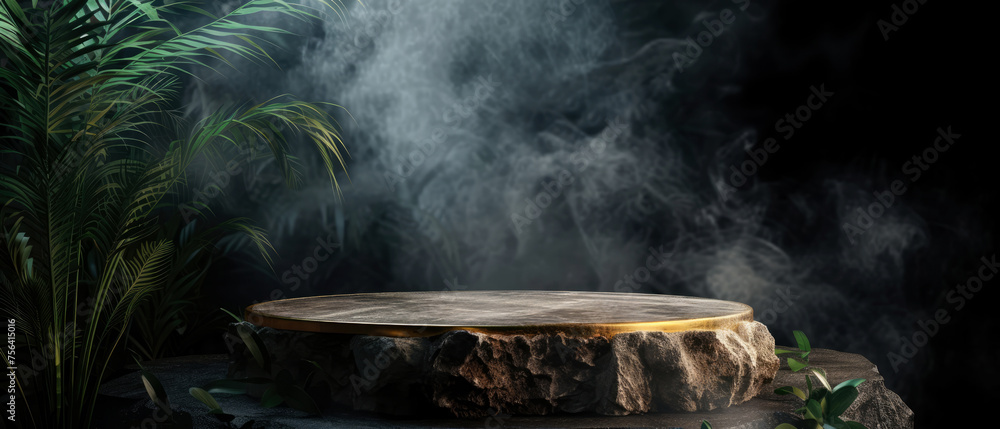 Stone platform, podium with gold, steam or smoke, on dark jungle tropical leaves background. Layout, display for product presentation. Lights, shadows effect. Generative AI Stone platform, podium with gold, steam or smoke, on dark jungle tropical leaves background. Layout, display for product presentation. Lights, shadows effect. Generative AI