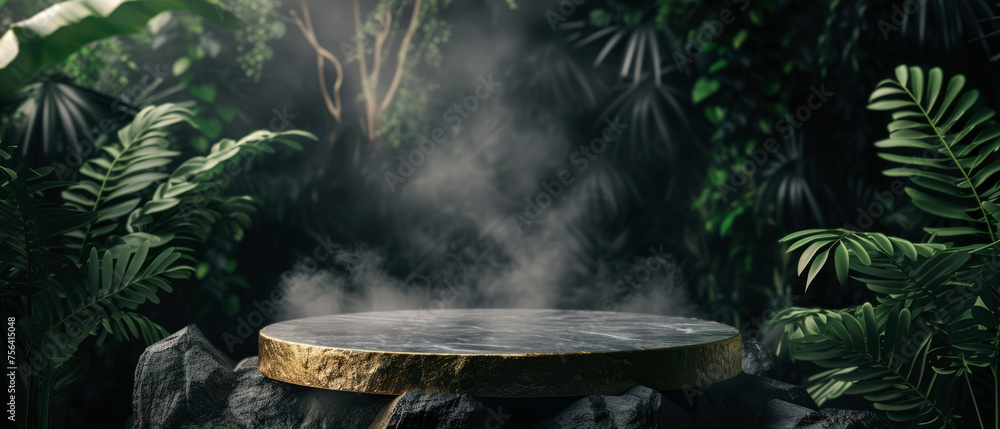 Stone platform, podium with gold, steam or smoke, on dark jungle tropical leaves background. Layout, display for product presentation. Lights, shadows effect. Generative AI Stone platform, podium with gold, steam or smoke, on dark jungle tropical leaves background. Layout, display for product presentation. Lights, shadows effect. Generative AI