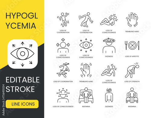 Diabetes symptom hypoglycemia, vector line icon set with editable stroke, loss of attention, diversion of attention, deficit and scatter and dispersion of attention, forgetfulness