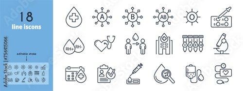 Blood donate line icons set. Cell, anemia, hematology, cancer, vessel, medical vector illustration. Editable Strokes.