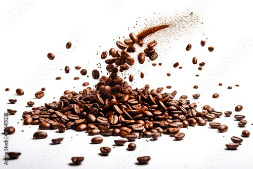 A burst of coffee beans mid-air  almost tangible in the energetic splash against a stark white backdrop. 